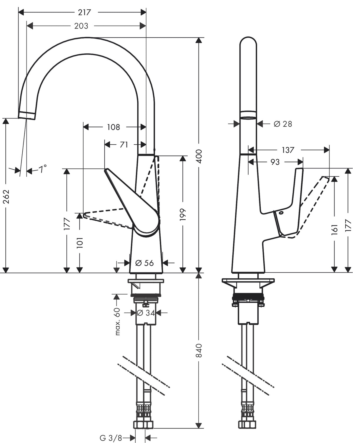 Hansgrohe Talis M51 Single Lever Kitchen Mixer 260 EcoSmart 1jet dimensions