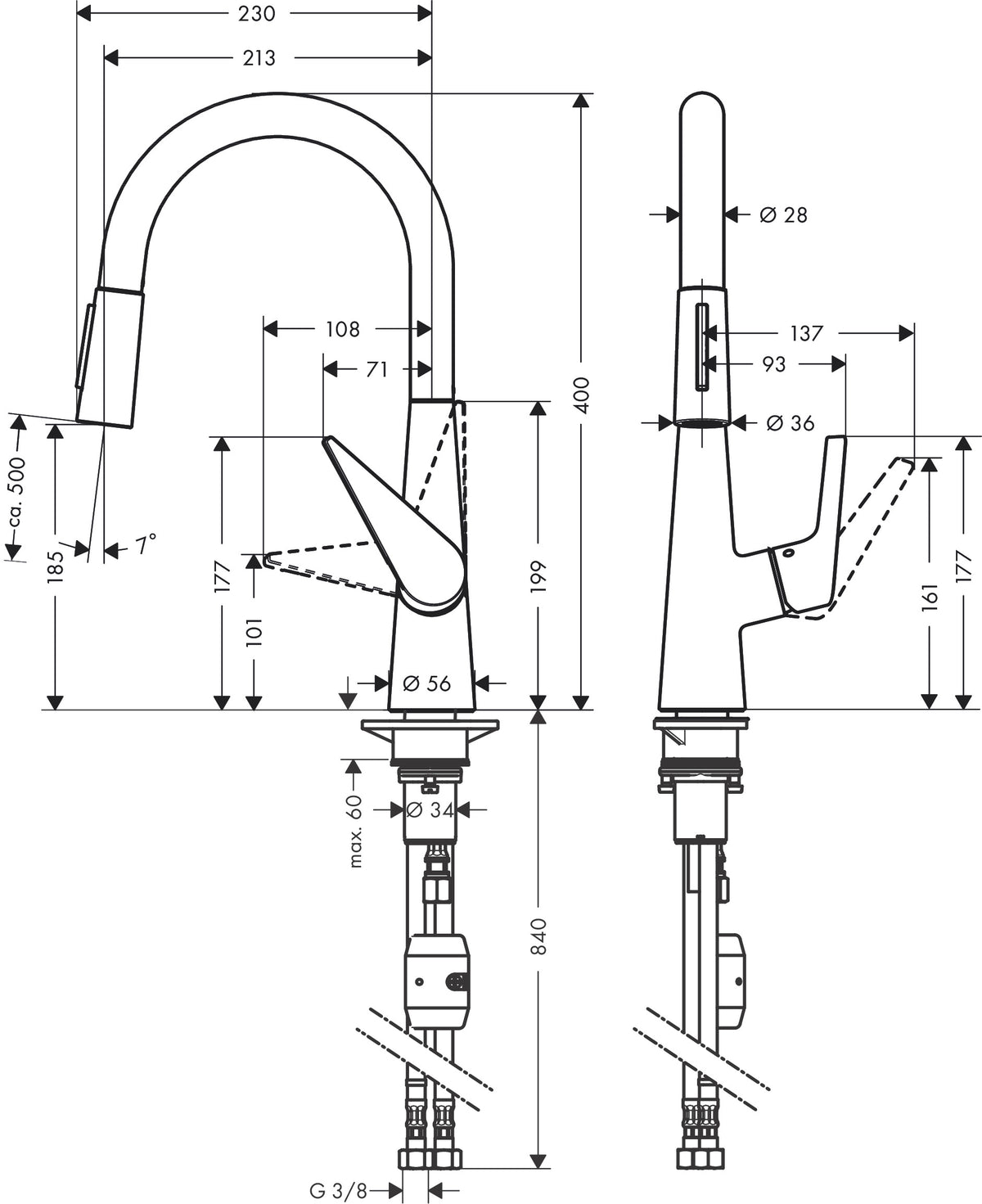 Hansgrohe Talis M51 Single Lever Kitchen Mixer 200 EcoSmart with Pull-out Spray 2jet 72817800 dimensions