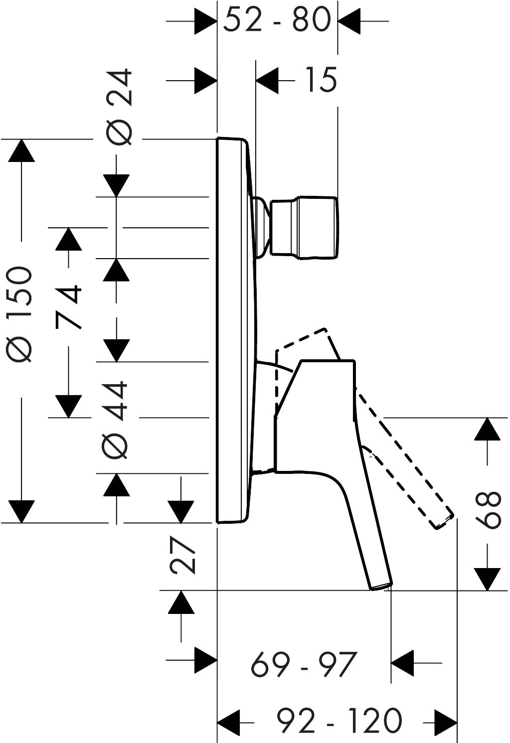 Hansgrohe Talis S Single Lever Bath Mixer for Concealed Installation 72405000 dimensions
