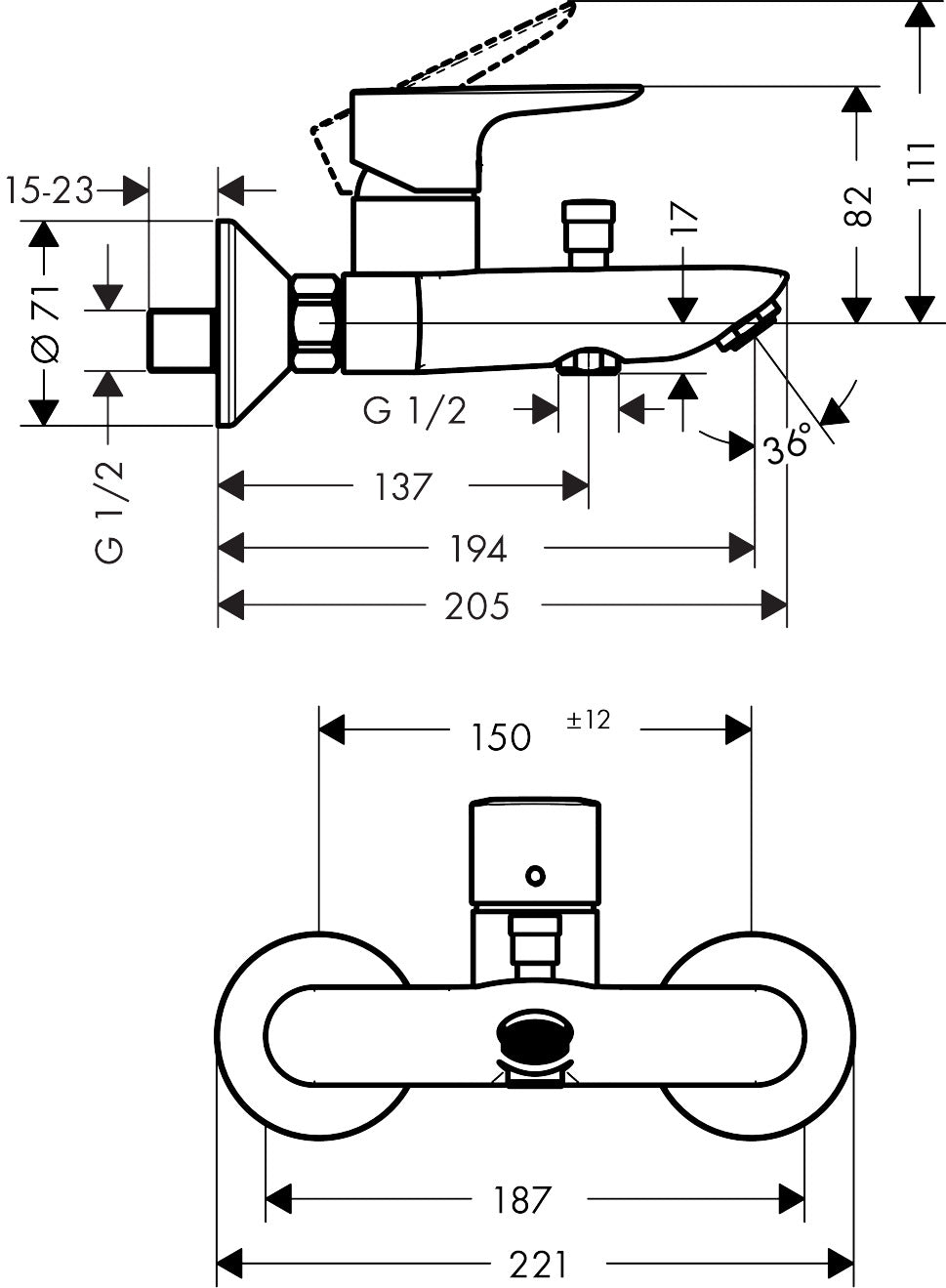 Hansgrohe Talis E Single Lever Bath Mixer for Exposed Installation dimensions
