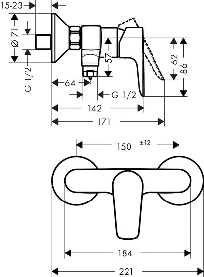Hansgrohe Talis E Single Lever Shower Mixer for Exposed Installation 71762009 dimensions