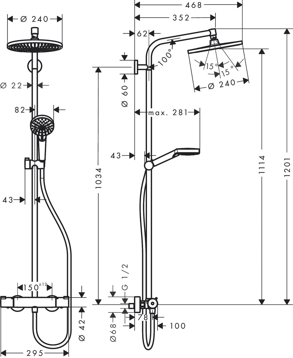Hansgrohe Crometta E Showerpipe 240 1jet with Thermostat 26152009 dimensions