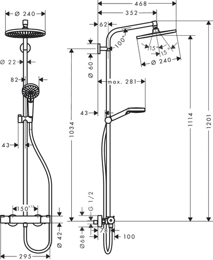 Hansgrohe Crometta E Showerpipe 240 1jet with Thermostat 26152009 dimensions
