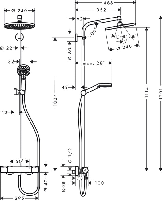 Hansgrohe Crometta E Showerpipe 240 1jet with Thermostat 26152009 dimensions