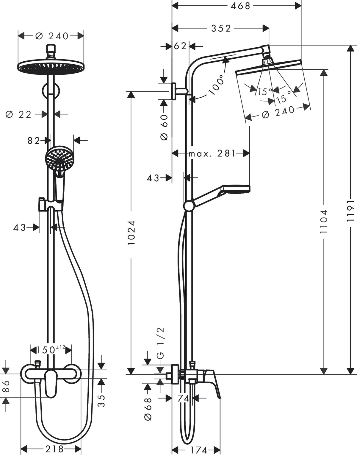 Hansgrohe Crometta S Showerpipe 240 1jet with Single Lever Mixer 26507009 dimensions
