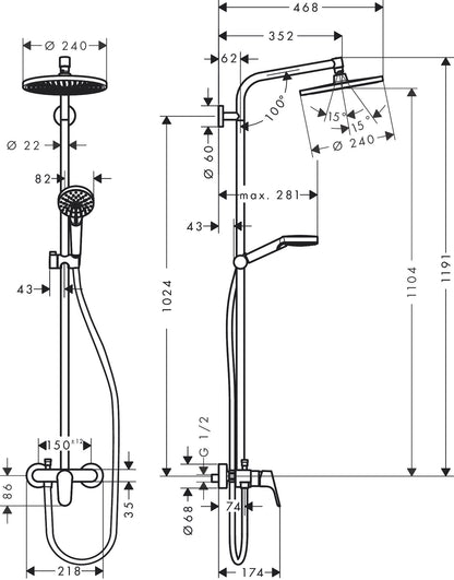 Hansgrohe Crometta S Showerpipe 240 1jet with Single Lever Mixer 26507009 dimensions