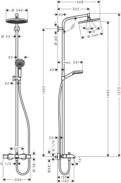 Hansgrohe Crometta S Showerpipe 240 1jet with Bath Thermostat 26266009 dimensions