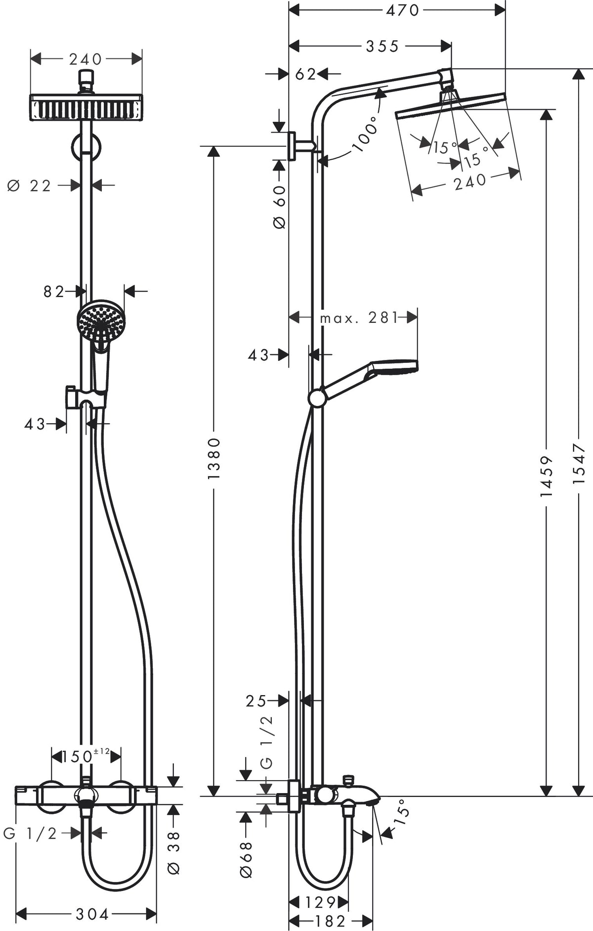 Hansgrohe Crometta E Showerpipe 240 1jet with Bath Thermostat 26244009 dimensions