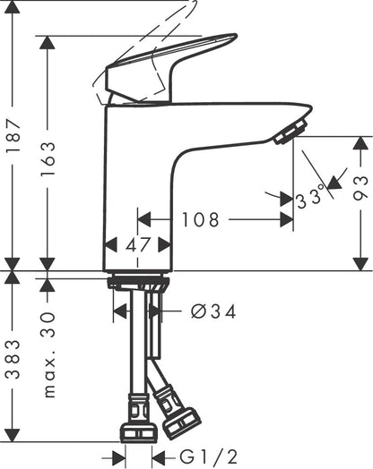 Hansgrohe Logis Single Lever Basin Mixer 100 with Pop-up Waste Set 71297009 dimensions