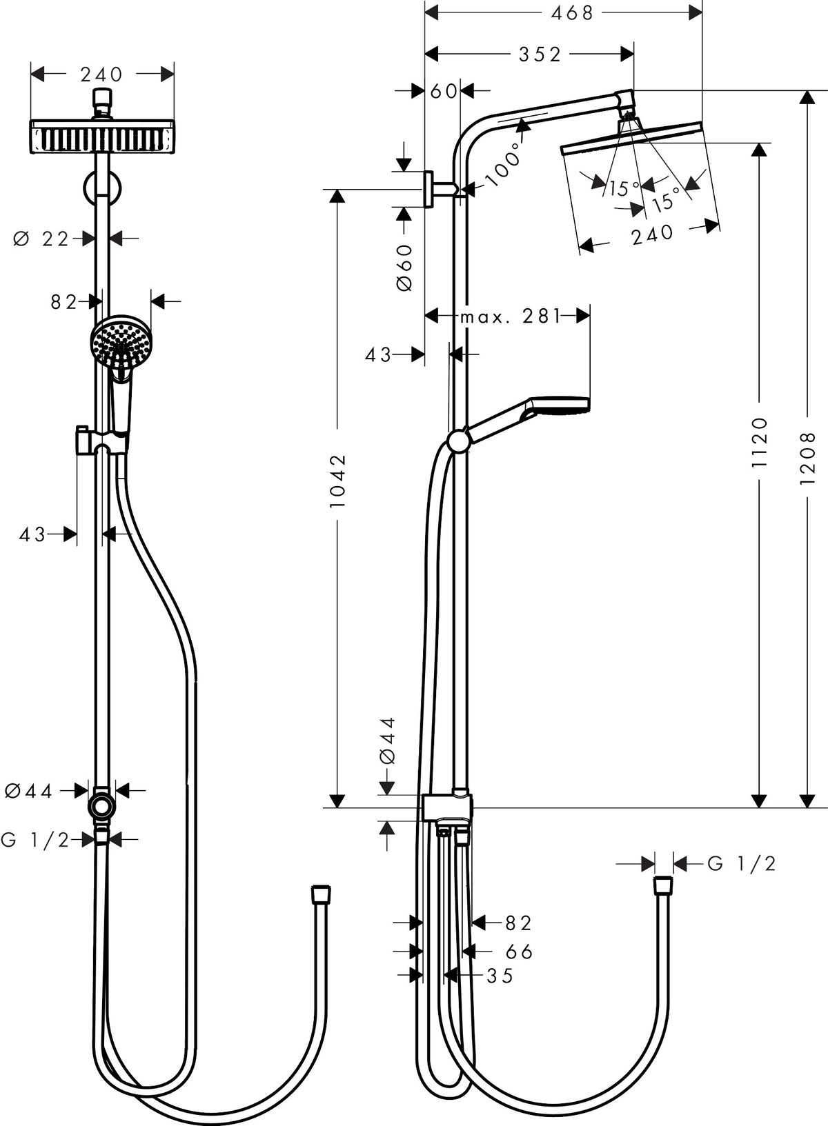 Hansgrohe Crometta E Showerpipe 240 1jet EcoSmart Reno 27289000 dimensions