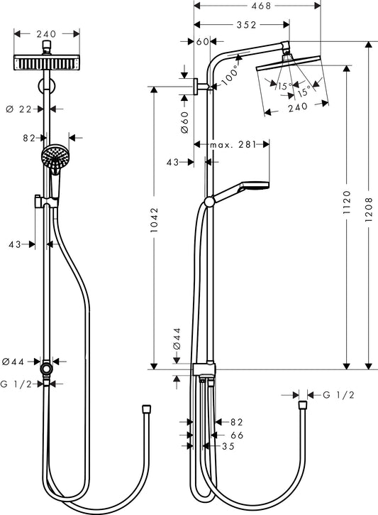 Hansgrohe Crometta E Showerpipe 240 1jet EcoSmart Reno 27289000 dimensions