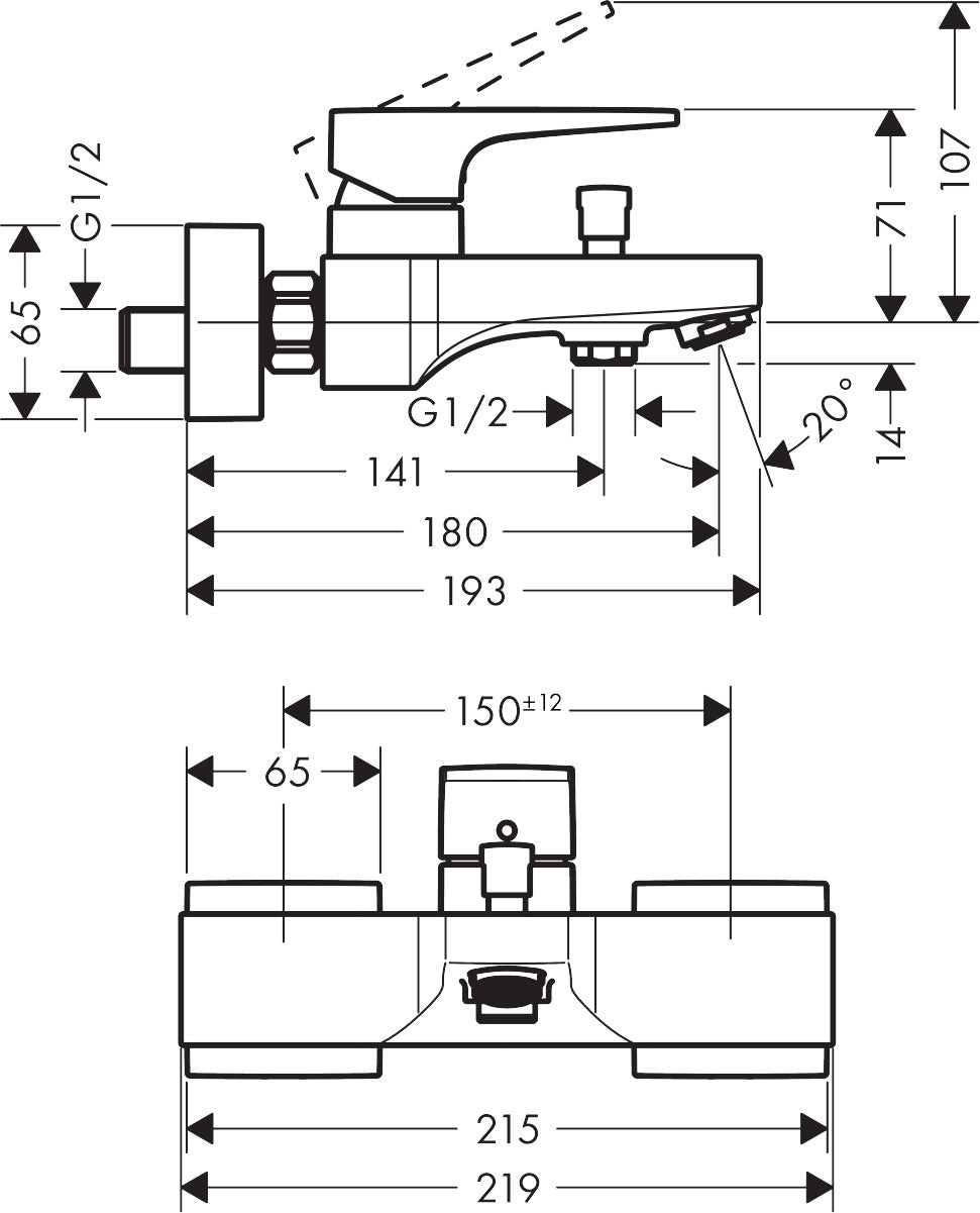 Hansgrohe Metropol Single Lever Bath Mixer for Exposed Installation with Lever Handle dimensions