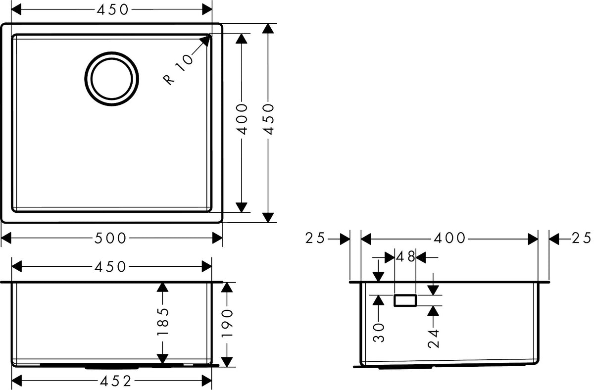 Hansgrohe S71 S719-U450 Undermount Stainless Steel Kitchen Sink 450 43426807 dimensions