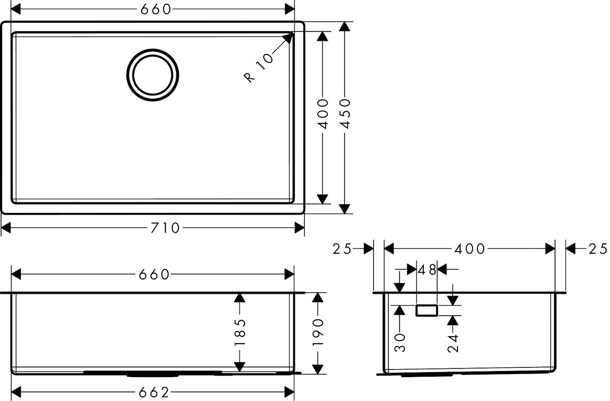 Hansgrohe S71 S719-U660 Undermount Stainless Steel Kitchen Sink 660 43428807 dimensions