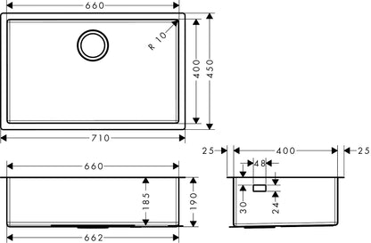 Hansgrohe S71 S719-U660 Undermount Stainless Steel Kitchen Sink 660 43428807 dimensions