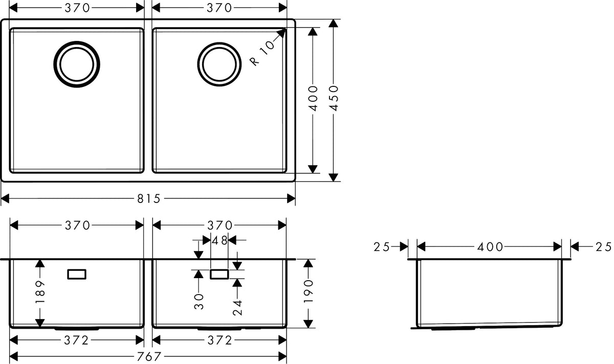 Hansgrohe S71 S719-U765 Undermount Stainless Steel Kitchen Sink 370/370 43430807 dimensions