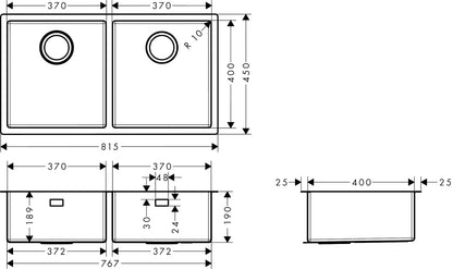 Hansgrohe S71 S719-U765 Undermount Stainless Steel Kitchen Sink 370/370 43430807 dimensions