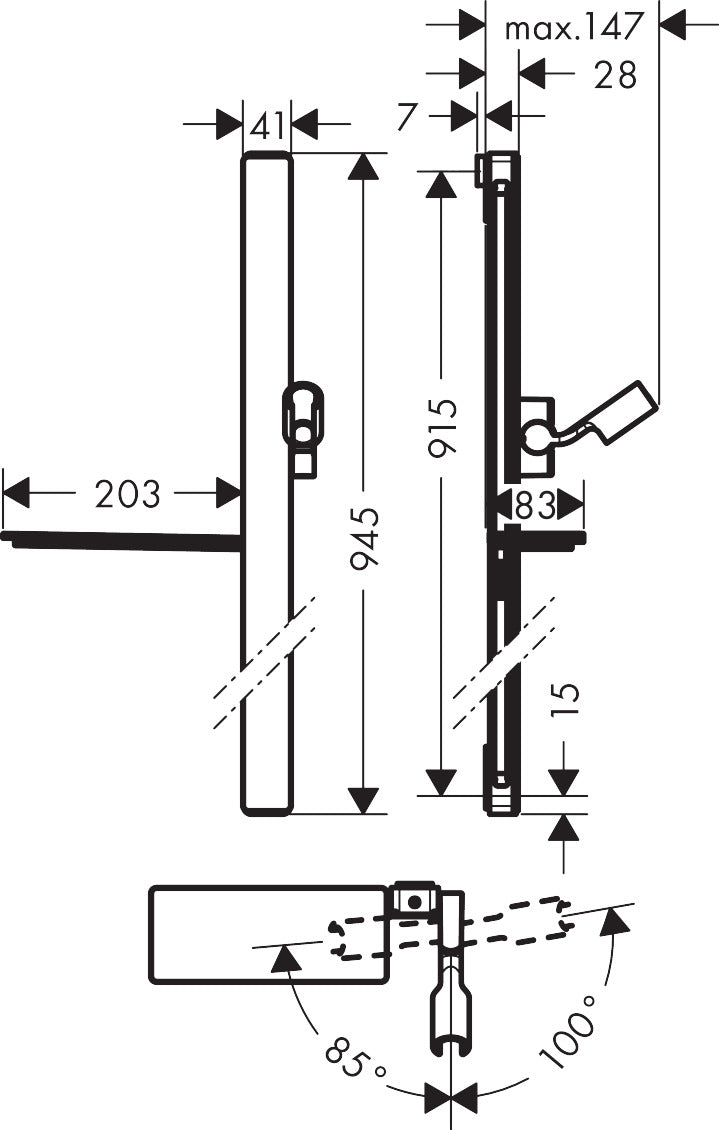 Hansgrohe Unica E Shower Bar 90 cm with Shower Hose 160 cm 27640400 dimensions