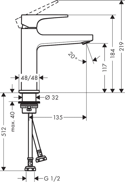 Hansgrohe Metropol Single Lever Basin Mixer 110 with Lever Handle and Push-Open Waste Set dimensions