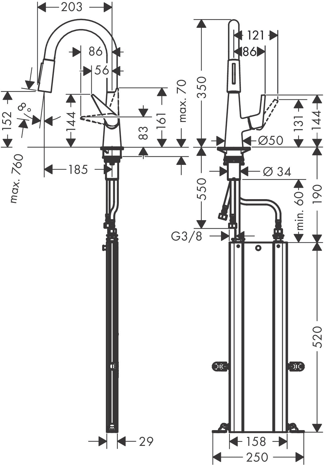 Hansgrohe Talis M51 Single Lever Kitchen Mixer 160 with Pull-out Spray 2jet and sBox 73850000 dimensions