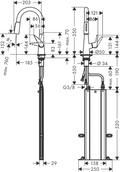 Hansgrohe Talis M51 Single Lever Kitchen Mixer 160 with Pull-out Spray 2jet and sBox 73850000 dimensions