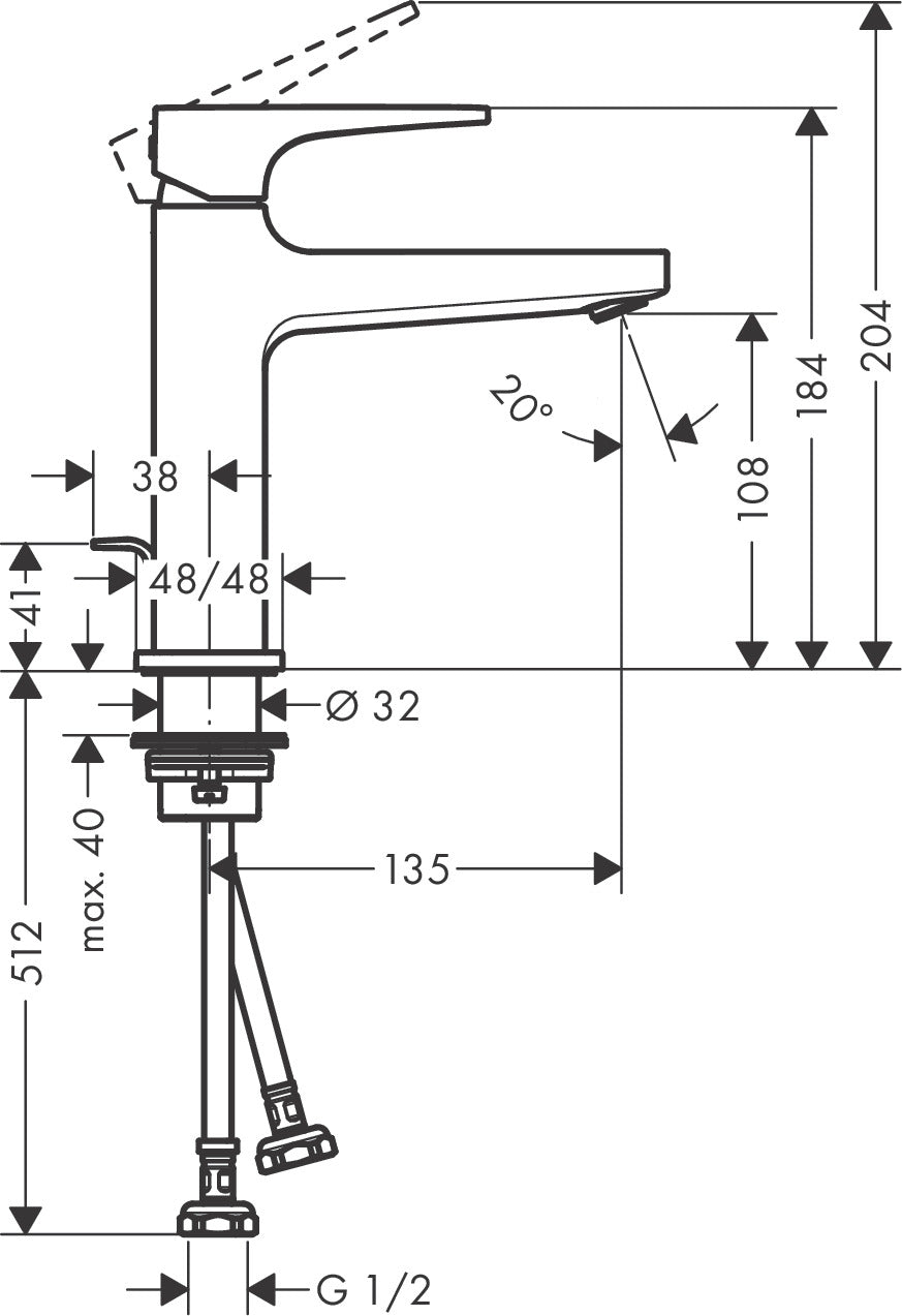 Hansgrohe Metropol Single Lever Basin Mixer 110 with Lever Handle and Pop-up Waste Set 32586009 dimensions