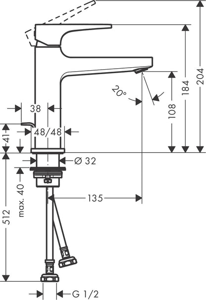 Hansgrohe Metropol Single Lever Basin Mixer 110 with Lever Handle and Pop-up Waste Set 32586009 dimensions
