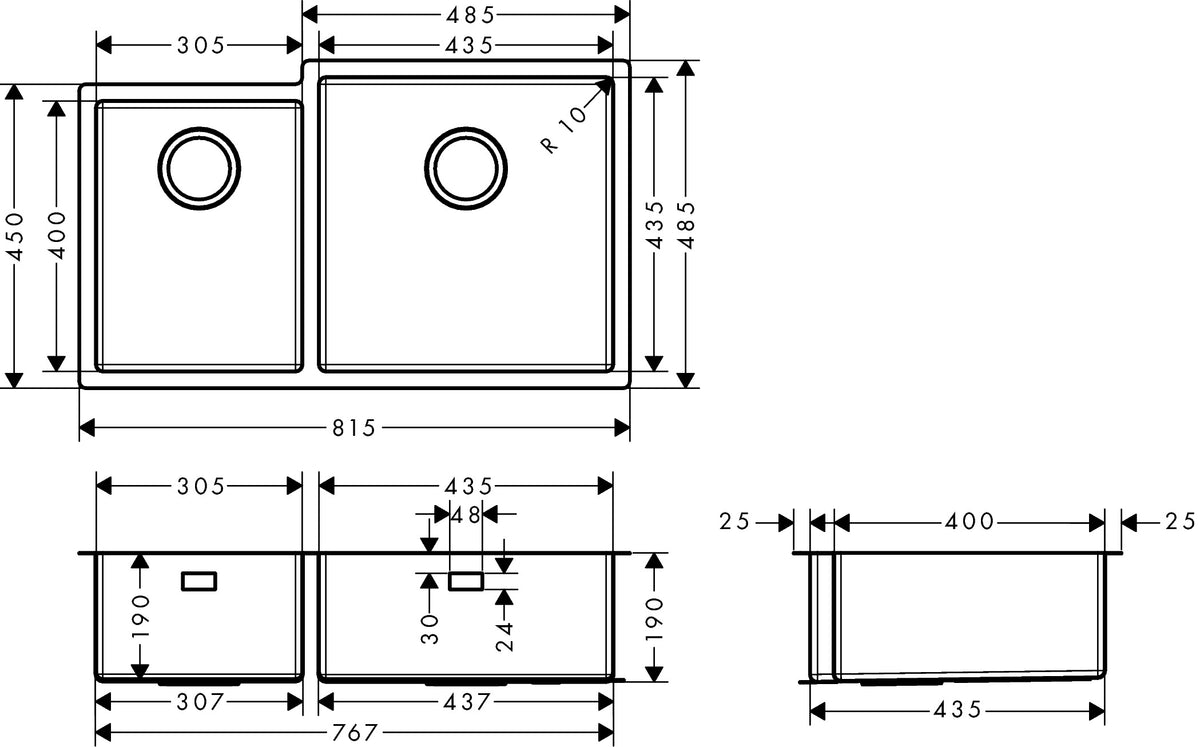 Hansgrohe S71 S719-U760 Undermount Stainless Steel Kitchen Sink 305/435 43435807 dimensions