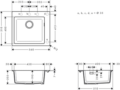 Hansgrohe S51 S510-F450 Built-in Granite Kitchen Sink 450 43312170 dimensions