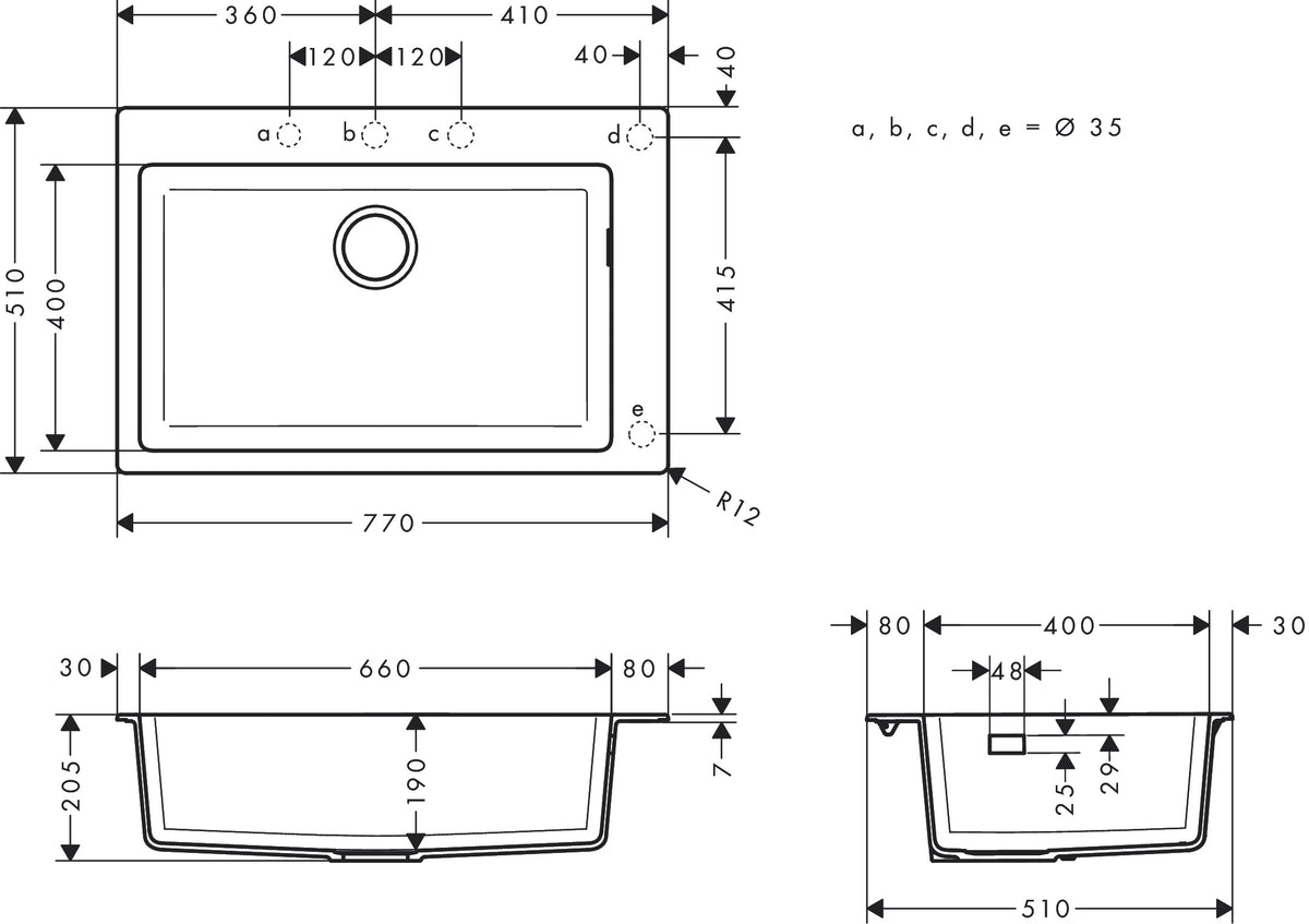 Hansgrohe S51 S510-F660 Built-in Granite Kitchen Sink 660 dimensions