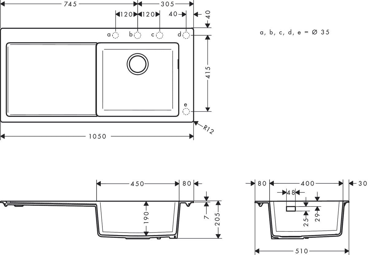 Hansgrohe S51 S514-F450 Built-in Granite Kitchen Sink 450 with Drainboard 43314170 dimensions