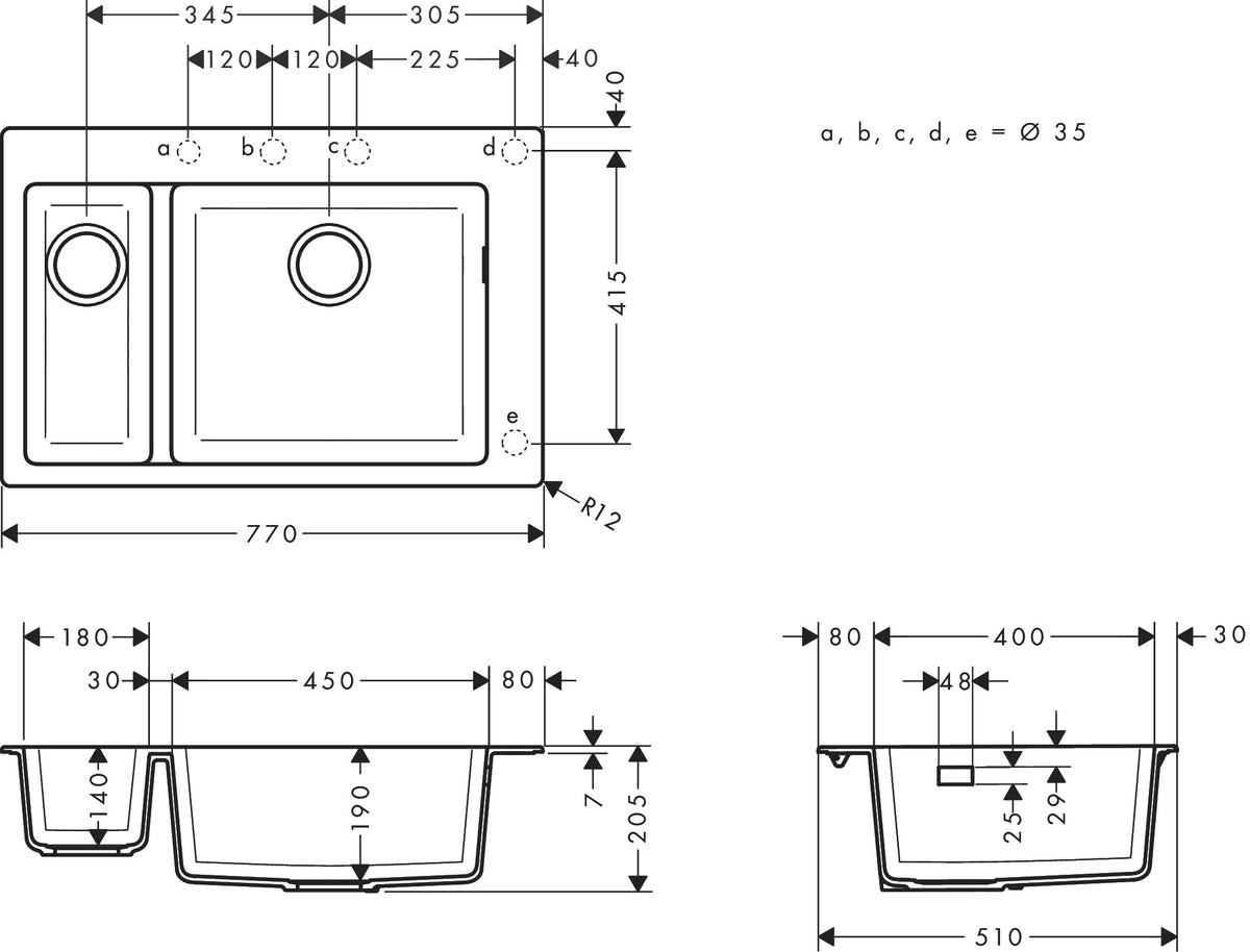 Hansgrohe S51 S510-F635 Built-in Granite Kitchen Sink 180/450 43315170 dimensions