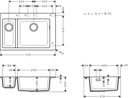 Hansgrohe S51 S510-F635 Built-in Granite Kitchen Sink 180/450 43315170 dimensions