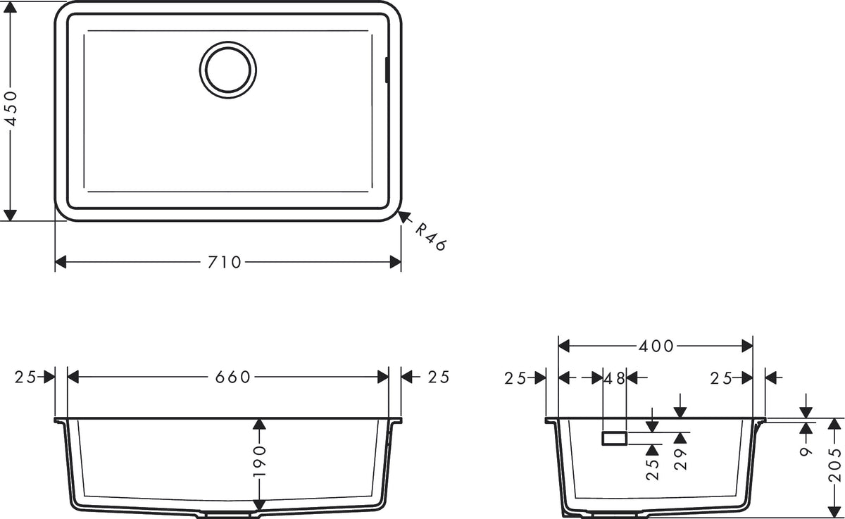 Hansgrohe S51 S510-U660 Undermount Granite Kitchen Sink 660 dimensions