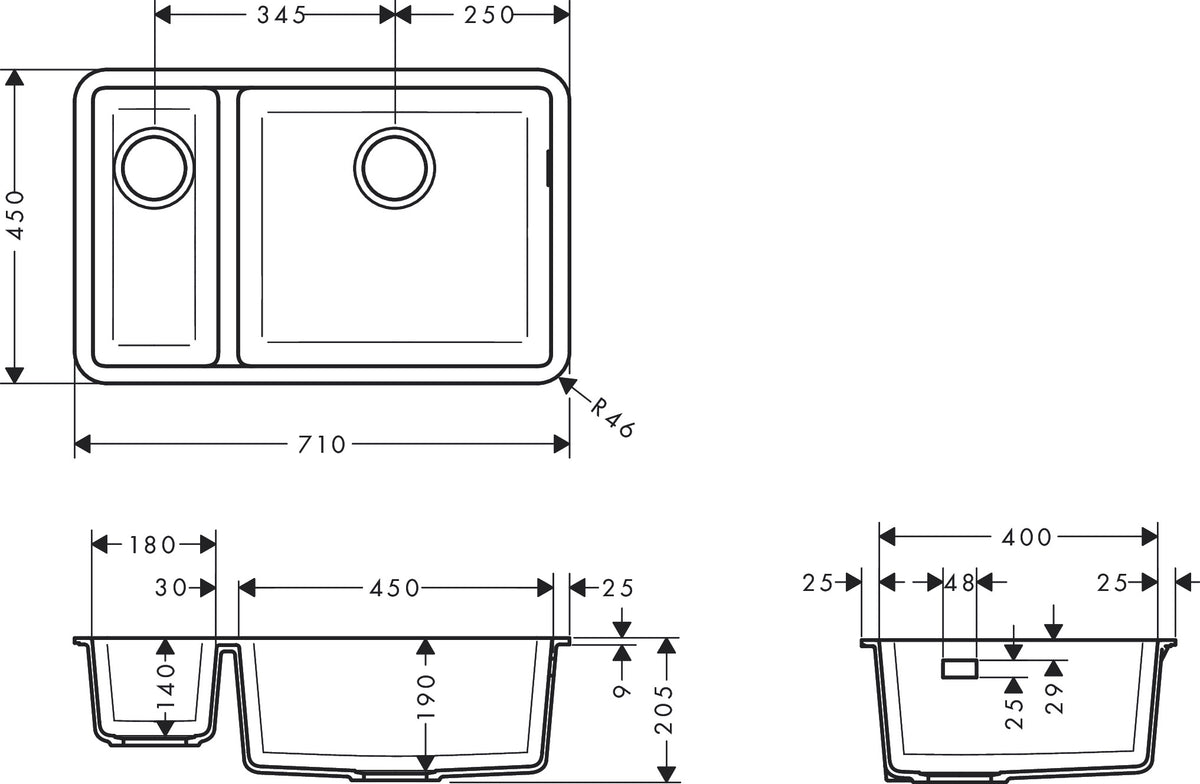 Hansgrohe S51 S510-U635 Undermount Granite Kitchen Sink 180/450 dimensions