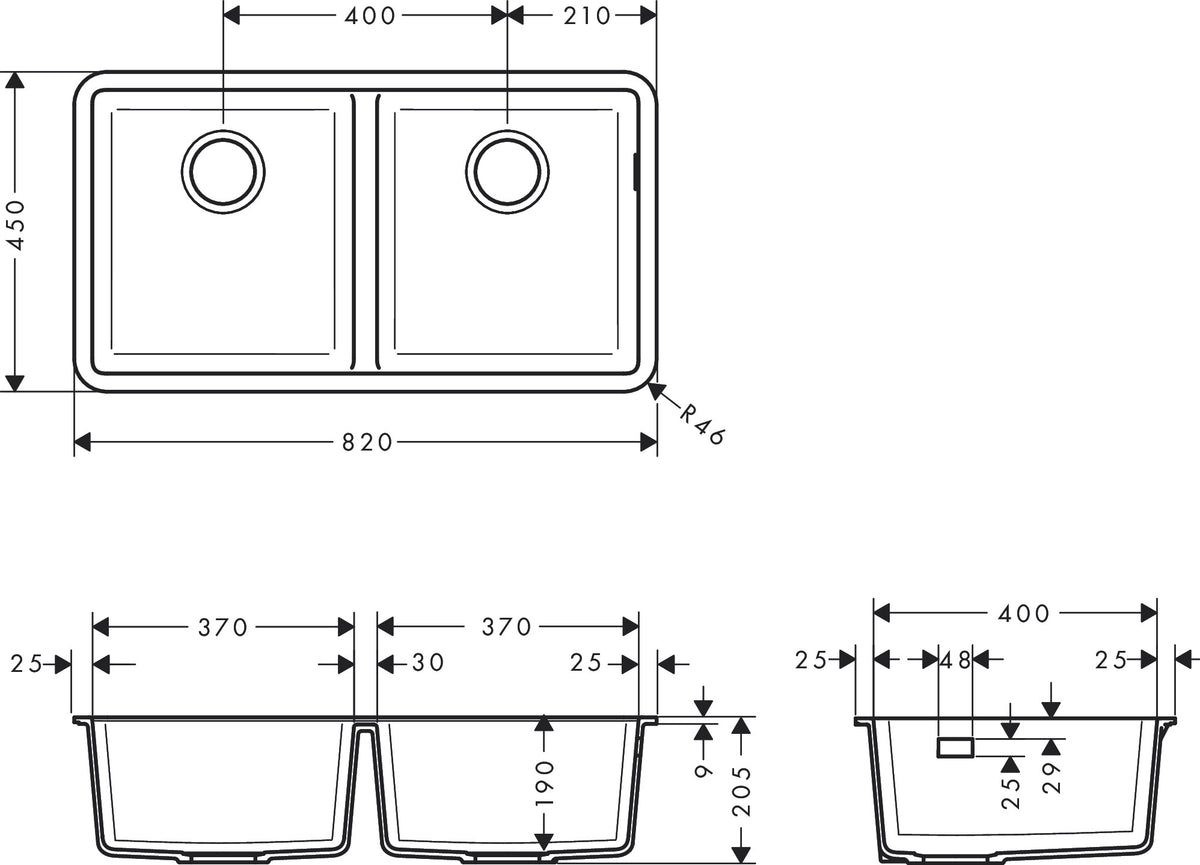 Hansgrohe S51 S510-U770 Undermount Granite Kitchen Sink 370/370 dimensions
