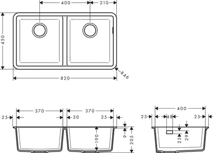 Hansgrohe S51 S510-U770 Undermount Granite Kitchen Sink 370/370 dimensions