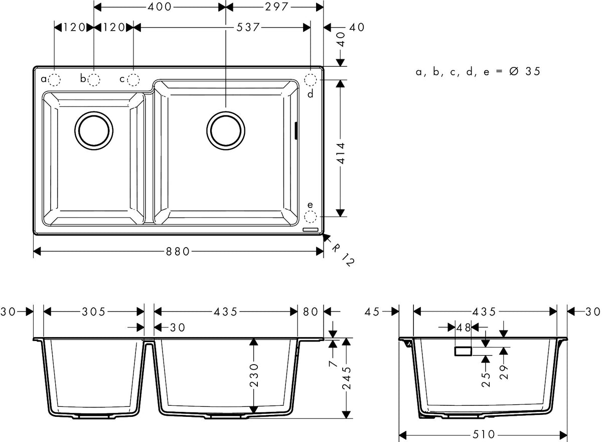 Hansgrohe S51 S510-F760 Built-in Granite Kitchen Sink 305/435 dimensions