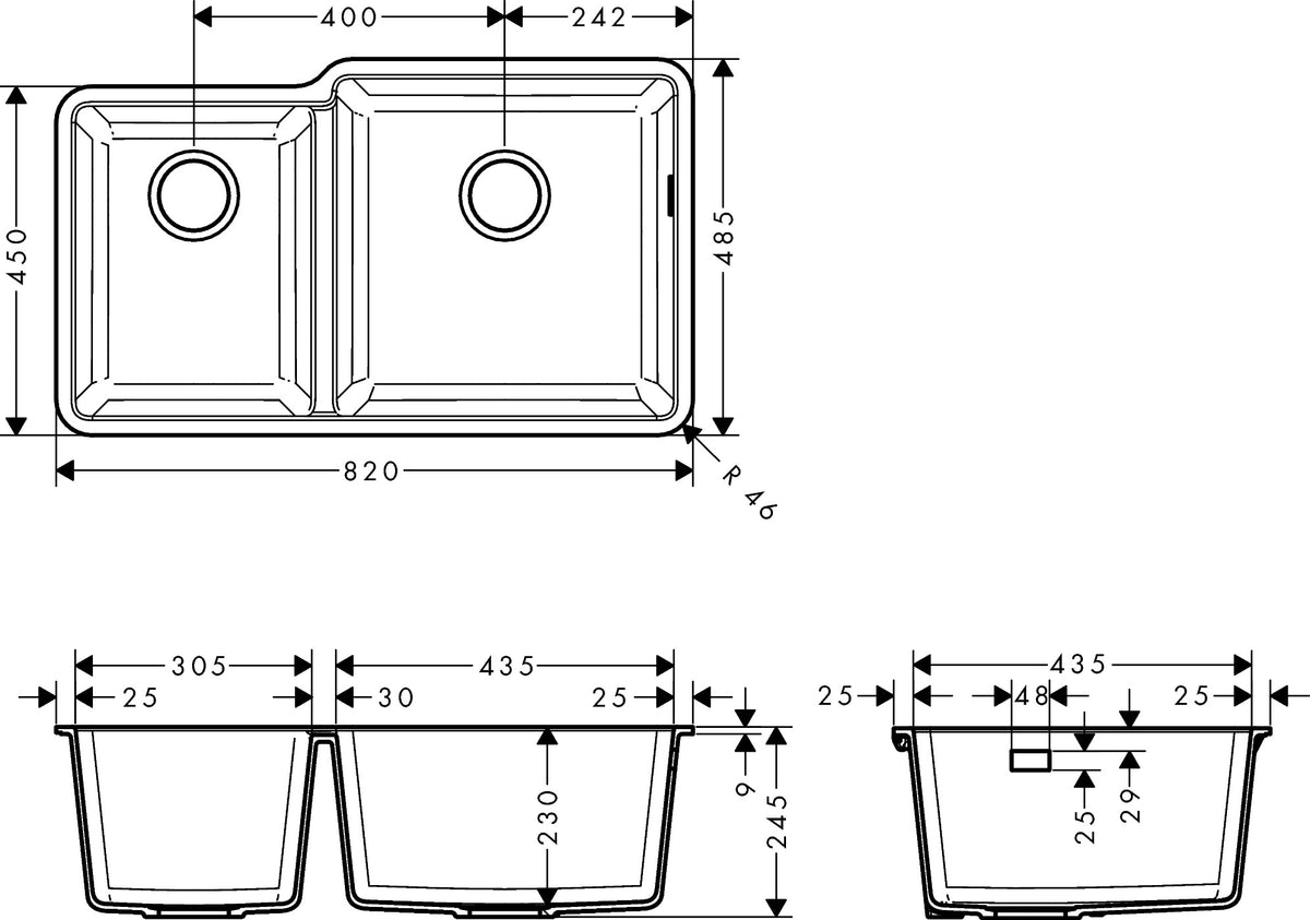 Hansgrohe S51 S510-U760 Undermount Granite Kitchen Sink 305/435 dimensions