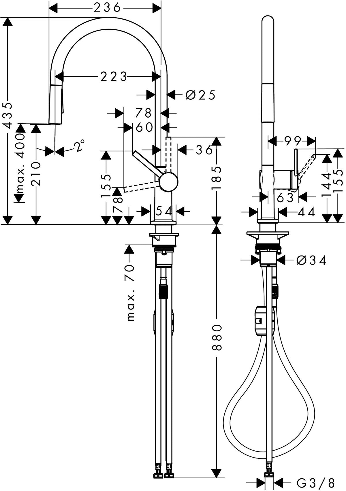 Hansgrohe Talis M54 Single Lever Kitchen Mixer 210 with Pull-out Spray 2jet 72842000 dimensions