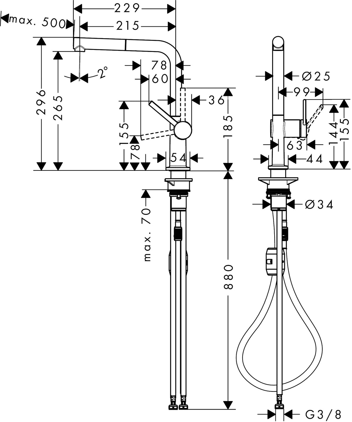 Hansgrohe Talis M54 Single Lever Kitchen Mixer 270 EcoSmart with Pull-out Spout 1jet dimensions