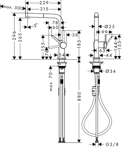 Hansgrohe Talis M54 Single Lever Kitchen Mixer 270 EcoSmart with Pull-out Spout 1jet dimensions