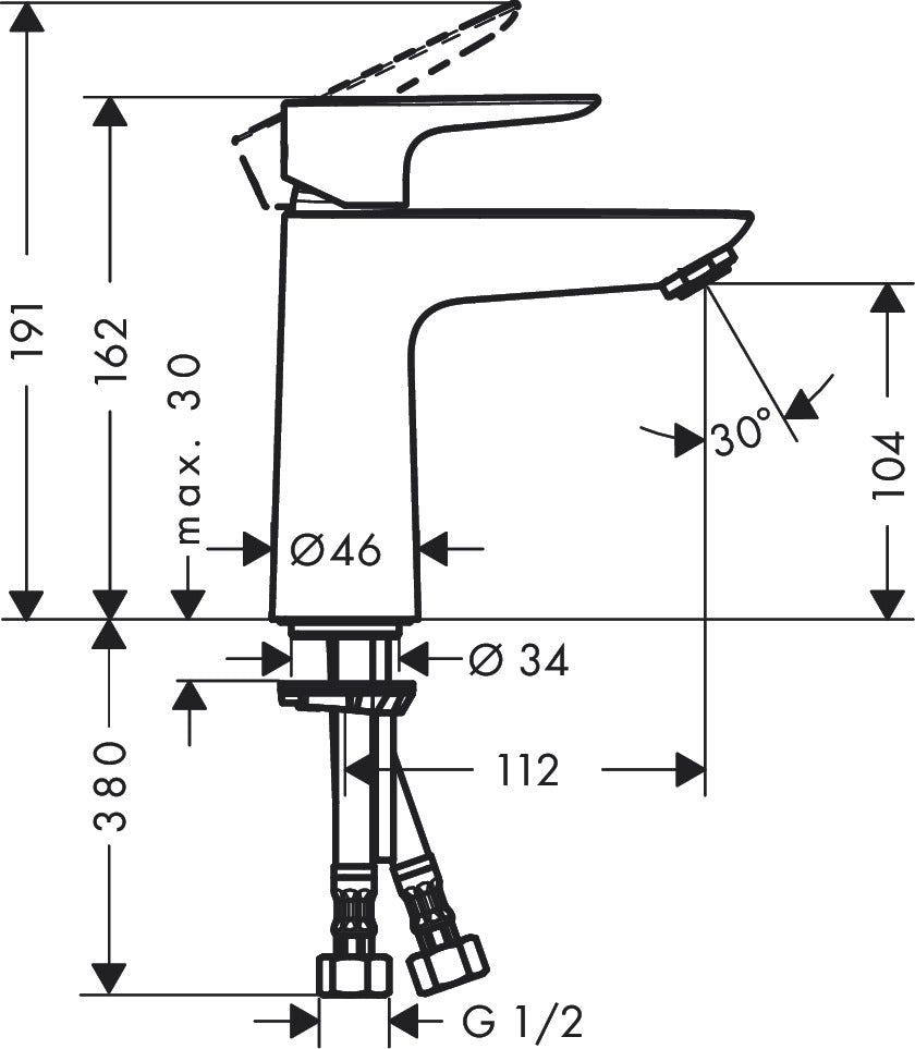 Hansgrohe Talis E Single Lever Basin Mixer 110 with Push-Open Waste Set 71770009 dimensions