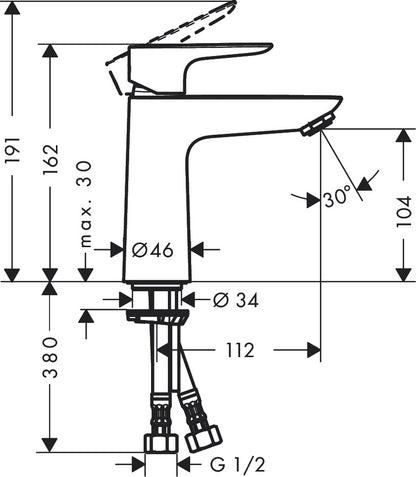 Hansgrohe Talis E Single Lever Basin Mixer 110 with Push-Open Waste Set 71770009 dimensions