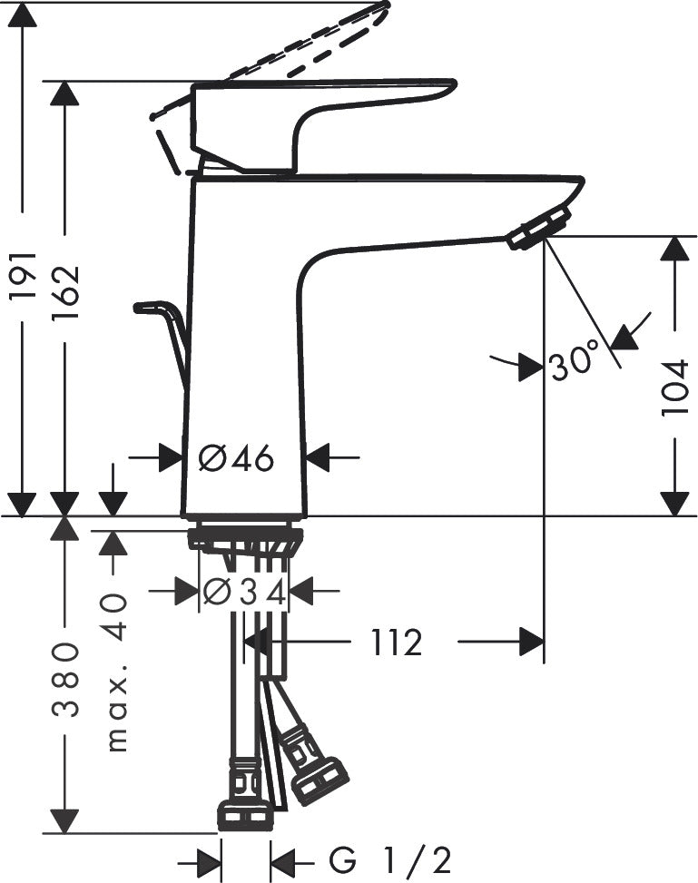 Hansgrohe Talis E Single Lever Basin Mixer 110 with Pop-up Waste Set dimensions