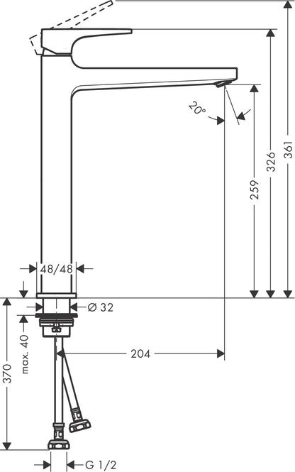 Hansgrohe Metropol Single Lever Basin Mixer 260 with Lever Handle and Push-Open Waste Set dimensions
