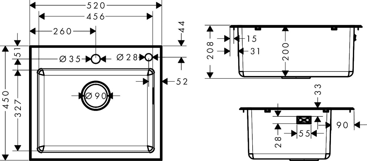 Hansgrohe S43 S432-F400 Built-in Stainless Steel Kitchen Sink 450 with 2 Holes 43344807 dimensions