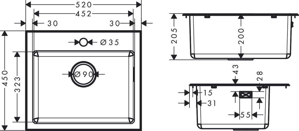 Hansgrohe S43 S431-F400 Built-in Stainless Steel Kitchen Sink 450 with 1 Hole 43353807 dimensions
