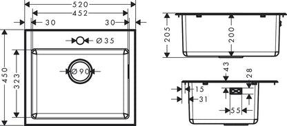 Hansgrohe S43 S431-F400 Built-in Stainless Steel Kitchen Sink 450 with 1 Hole 43353807 dimensions