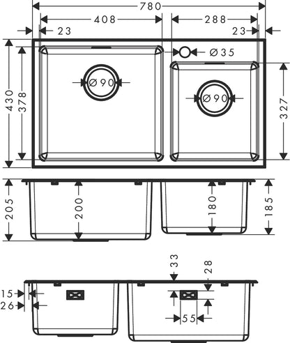 Hansgrohe S43 S431-F730 Built-in Stainless Steel Kitchen Sink 410/290 43354807 dimensions
